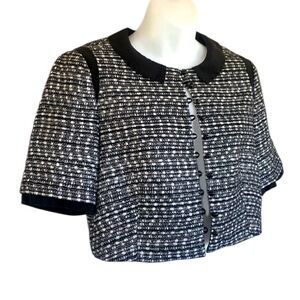 BADGLEY MISCHKA black/white tweed cropped bolero jacket, silver thread. S